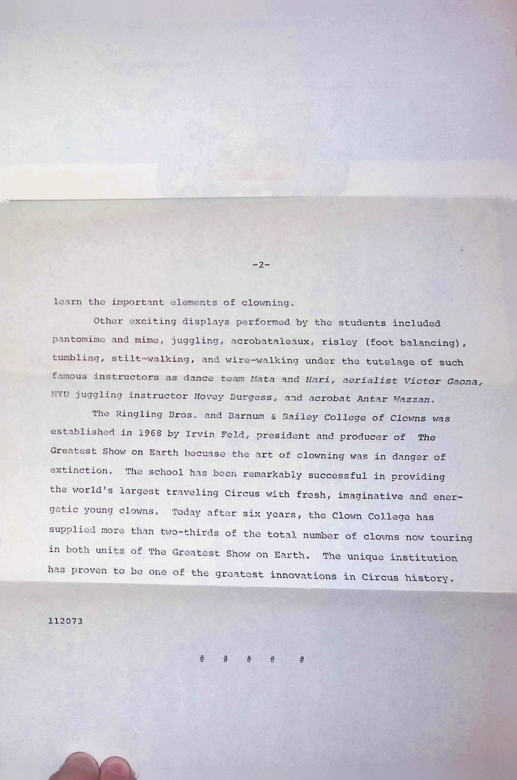 Ringling Bros Clown College 1974 Press Release w/ Envelope NY Venice FL