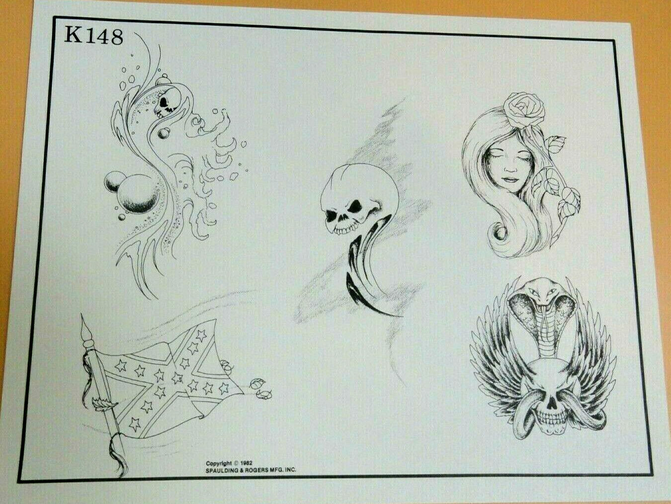 Vintage RARE 1982 Spaulding & Rogers Tattoo Flash Sheet K148 Flag Snake Skull