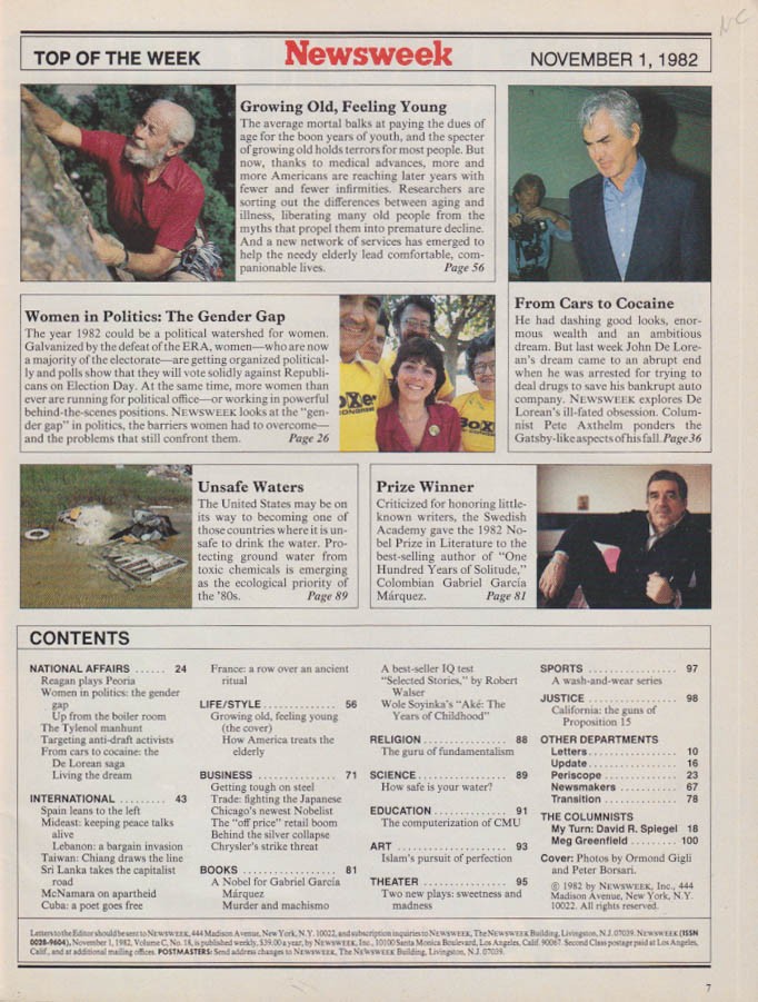 NEWSWEEK 11/1 1982 John De Lorean; Garcia Marquez; Spain’s Gonzalez; Reagan &c