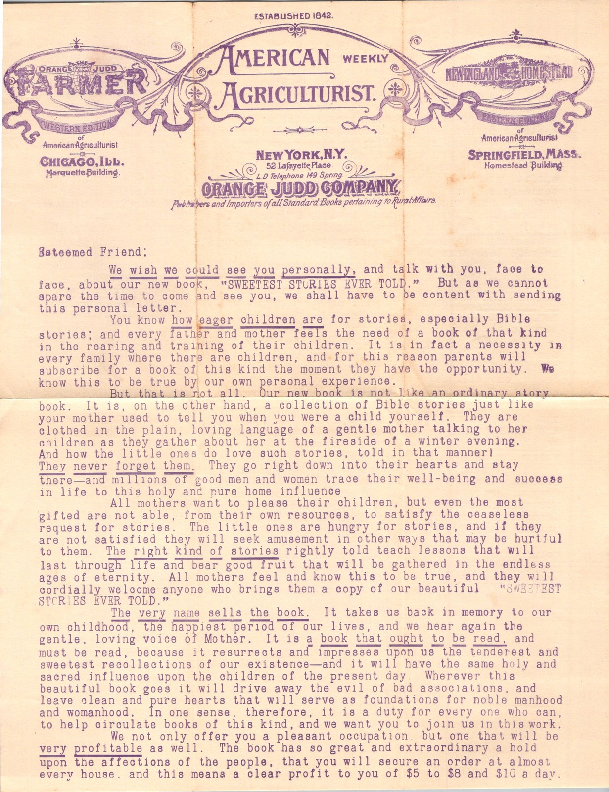 Promotional Recruitment Letter Orange Judd Co 1900s NY Victorian Typography