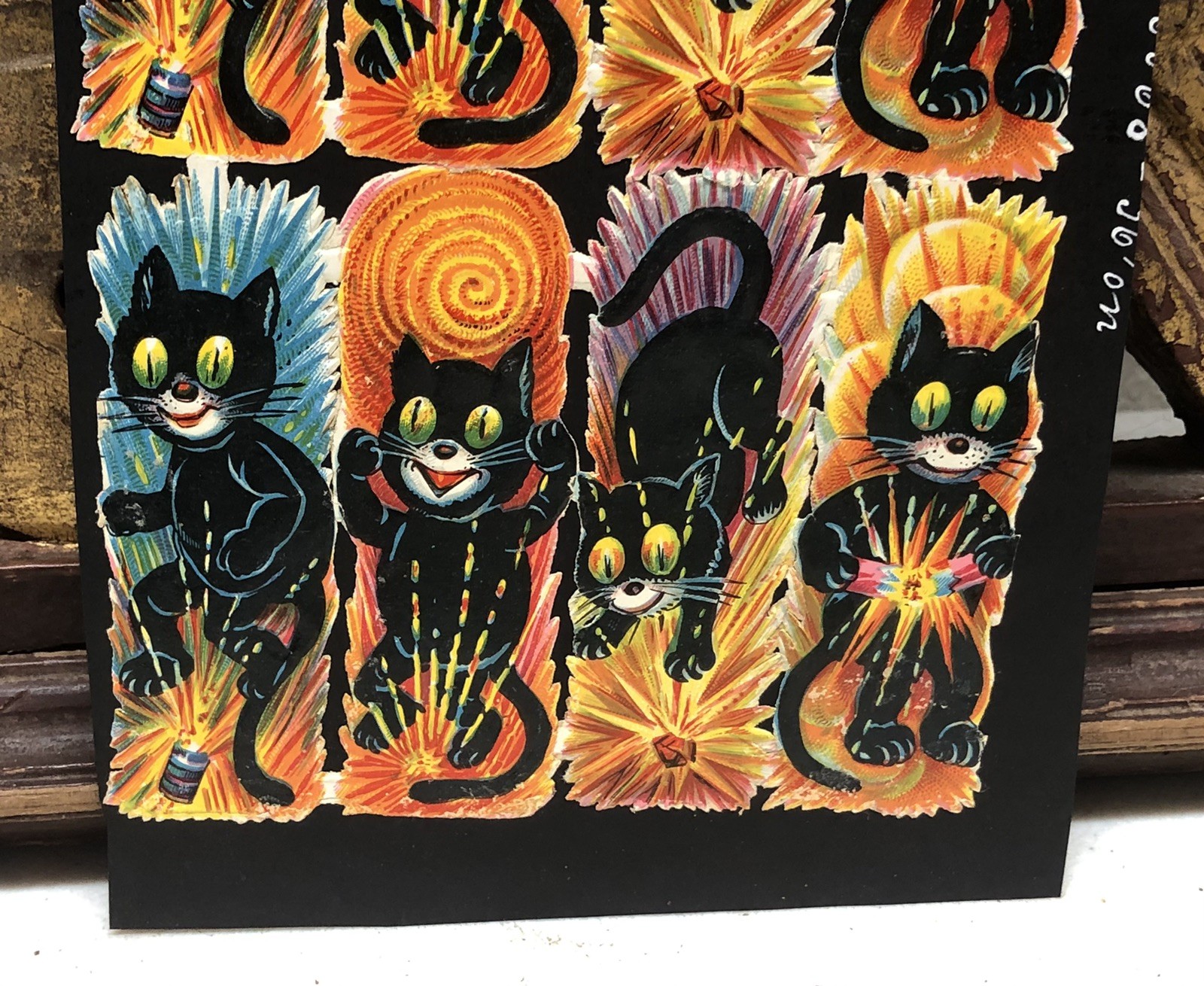 Black Cats & Masks w/ Faces Die Cut Scraps Glued on Paper Double Sided L17