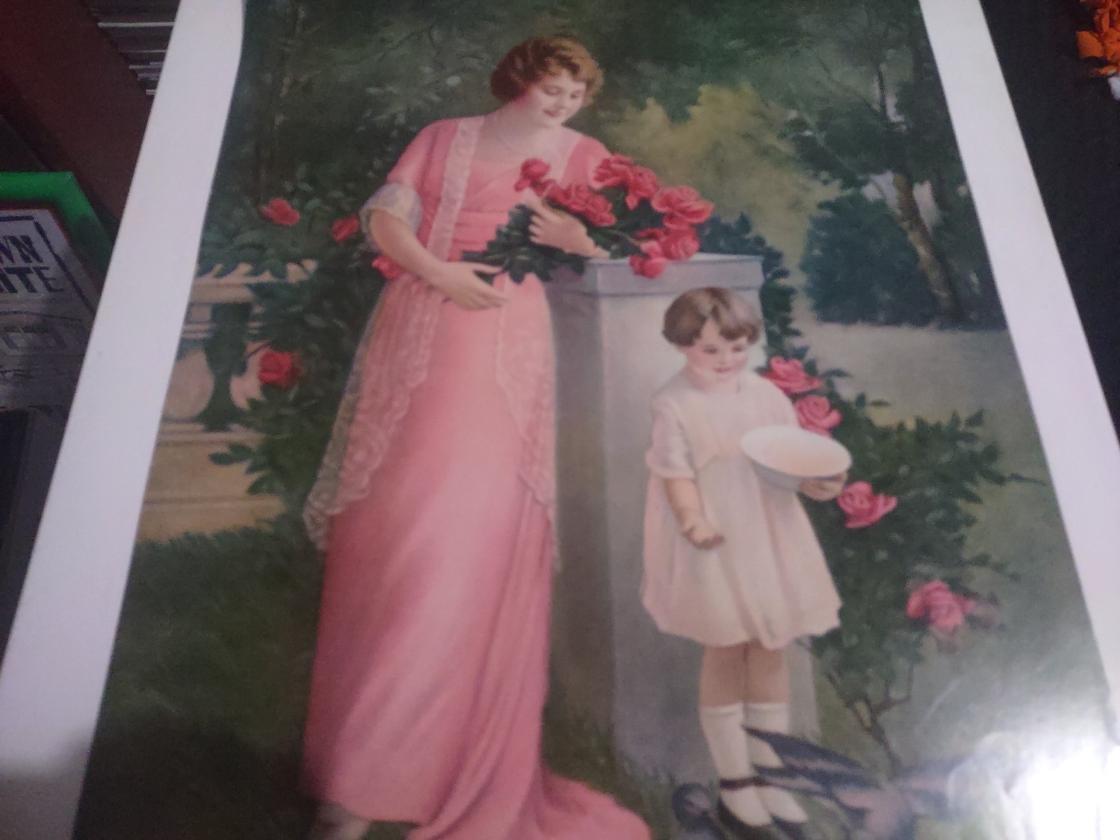 EARLY 1900’S VINTAGE CHROMOLITHOGRAPH PRINT YOUNG WOMAN & CHILD W/FLOWERS ROSES