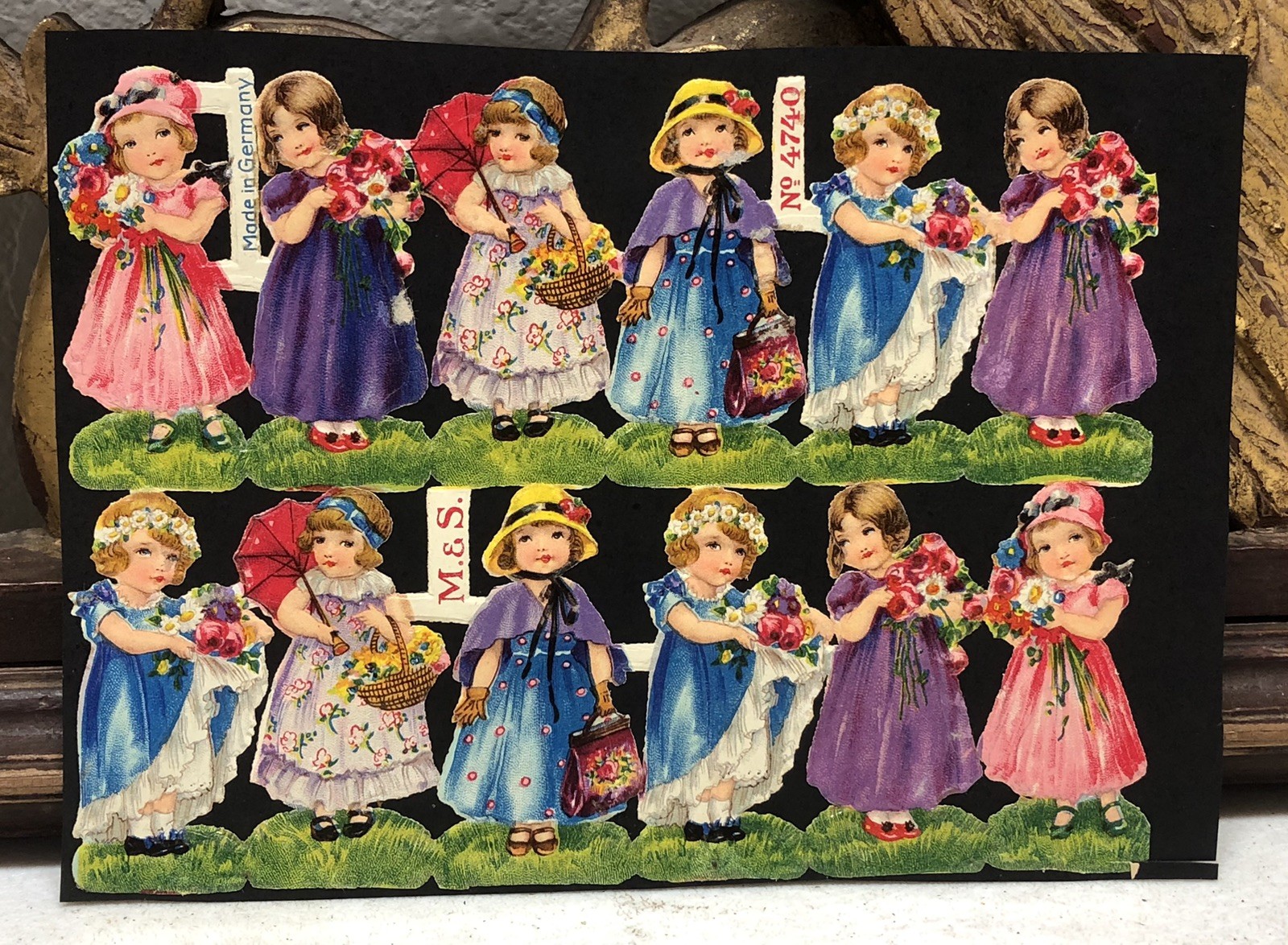 Dressed Girls Die Cut Embossed Scraps by M&S Glued on Paper Double Sided L10