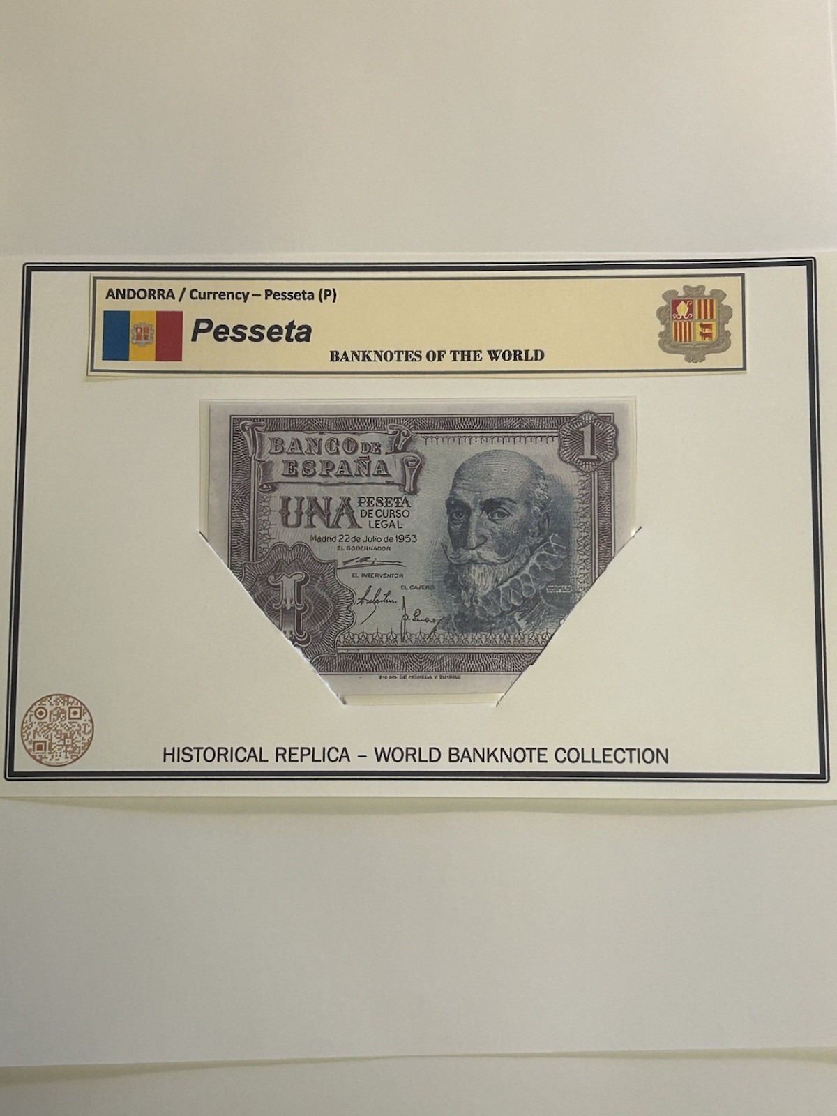ANDORRA / LAMINATED HISTORICAL REPLICA PRINT – (P) 1 PESSETA NOTE