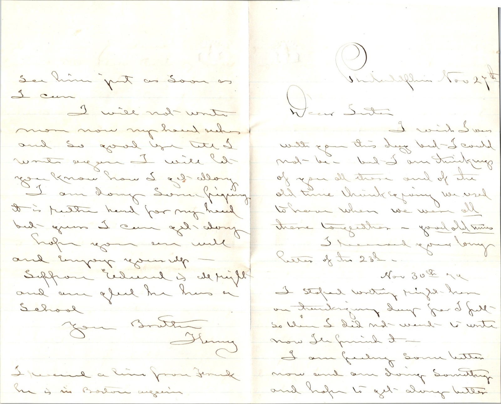 1890 Letter to Sister Amelia C. Guild Philadelphia PA Thanksgiving Nostalgia &