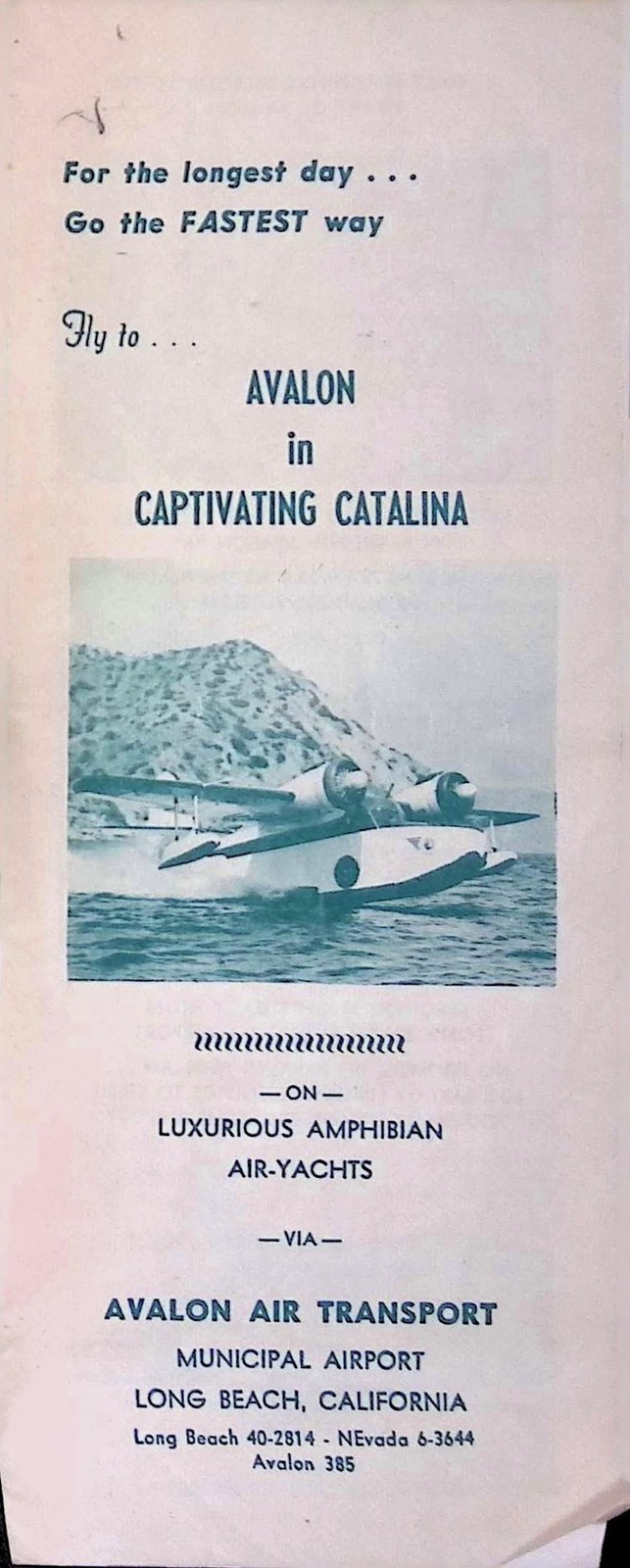 c1950s Avalon Air Transport Brochure Catalina Island CA Seaplane Art
