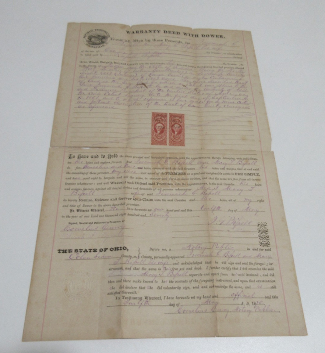 Antique 1870 Warranty Deed With Dower ONE DOLLAR Ohio Bipell + Post Stamps 25c