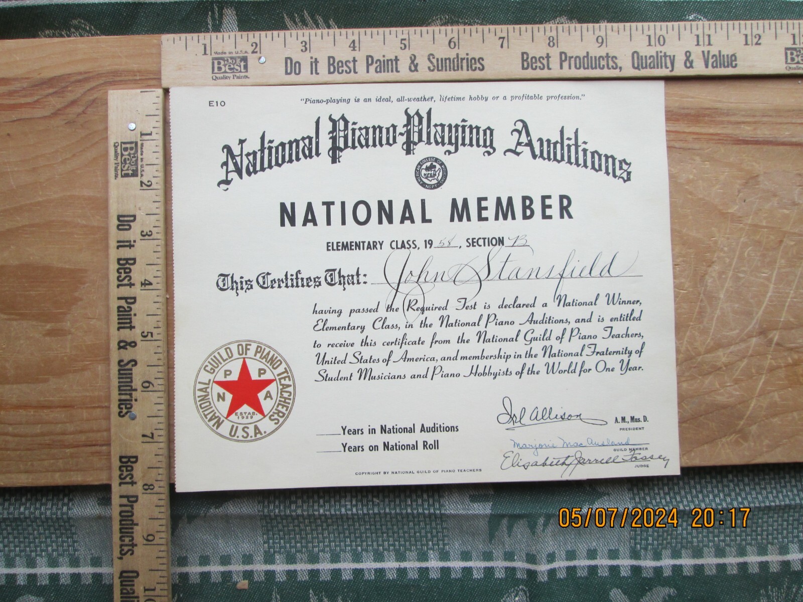 National piano playing auditions certificate& Pupil’s Report Card 1958