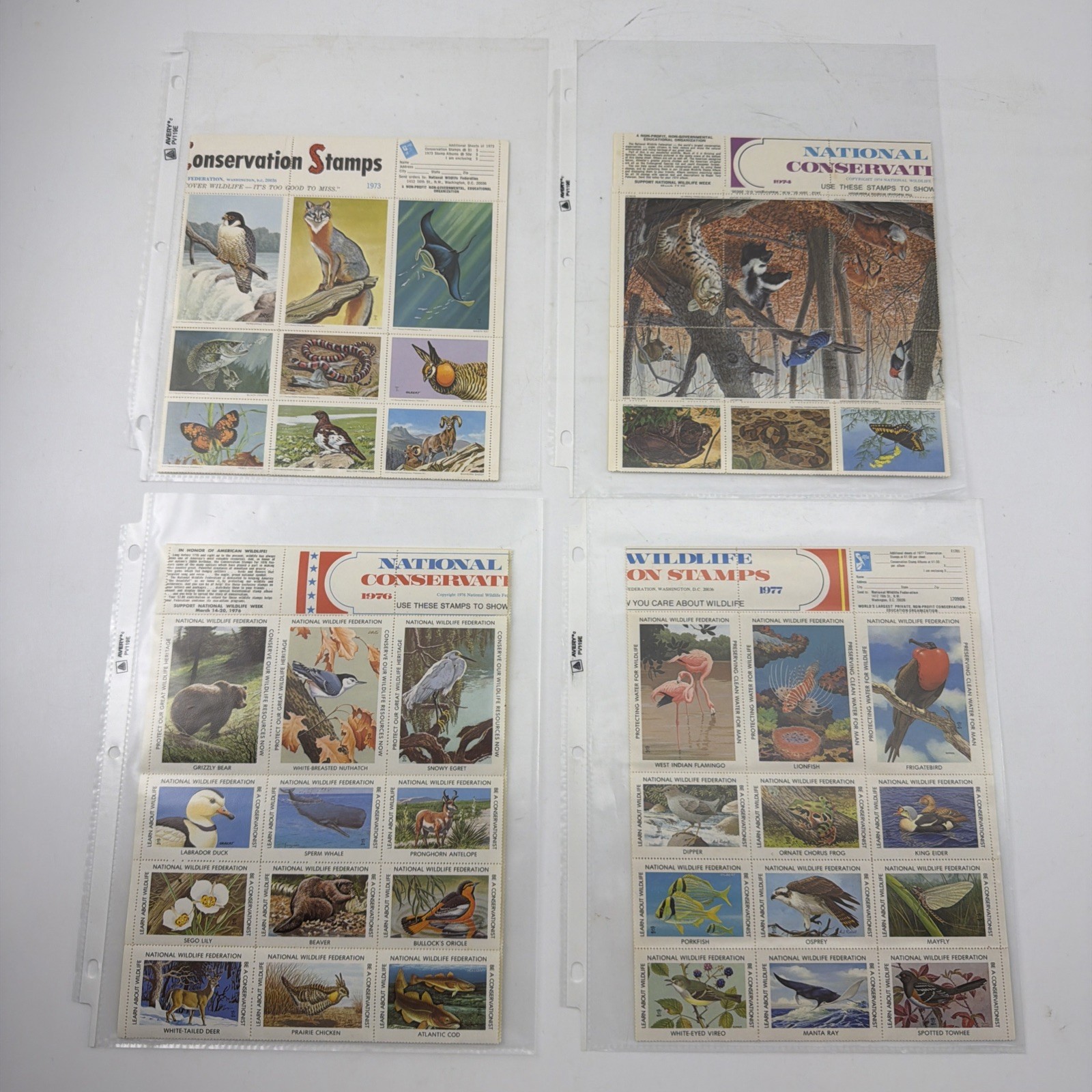 4 Large NWF Wildlife Conservation Stamp Sheets Lot 1973–1977 Birds Nature Art