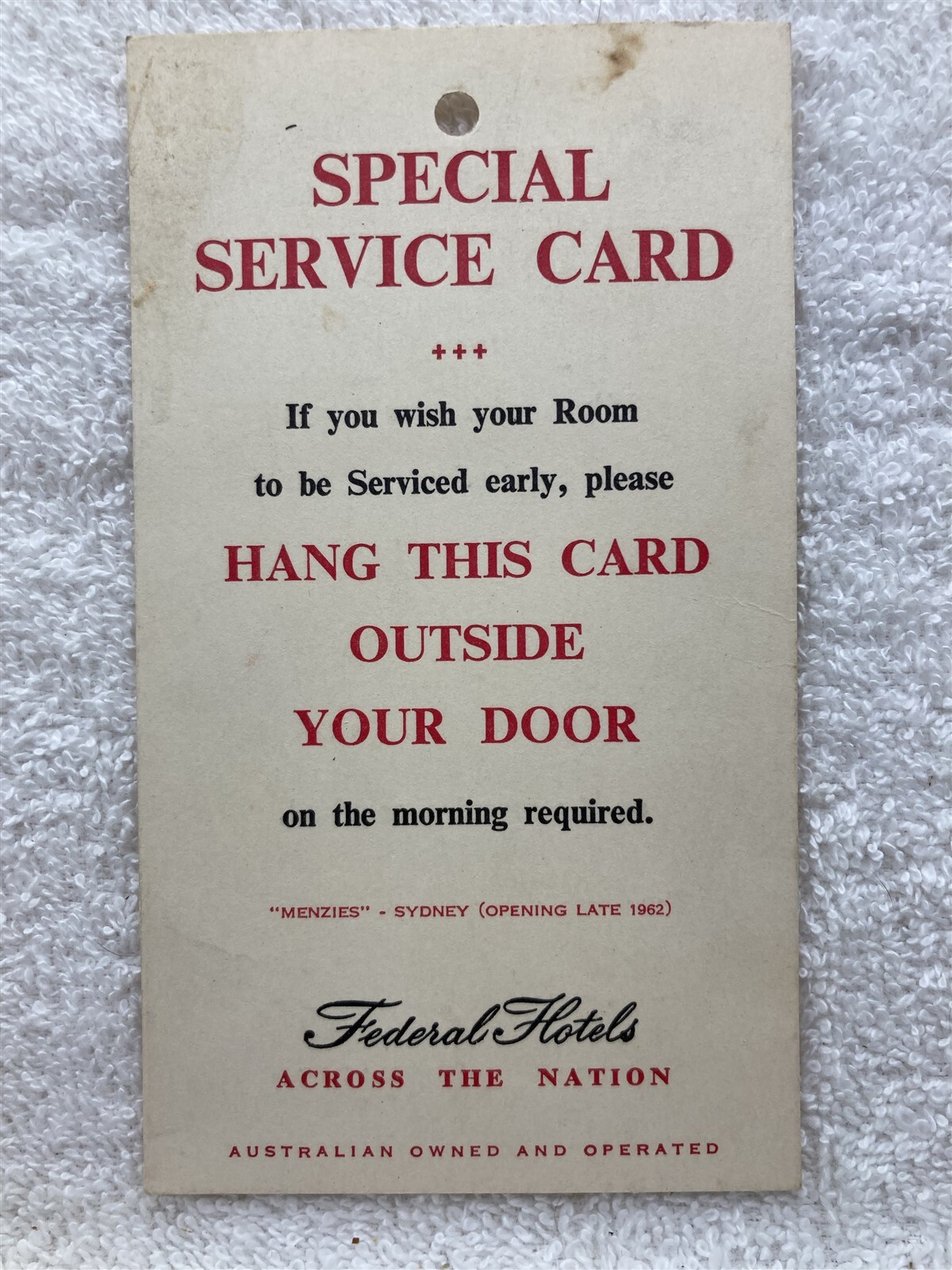 1960’s Federal Hotels Australia Door Card Room Service Vtg