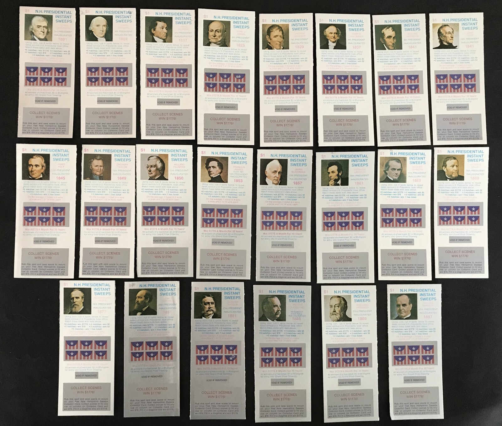19th Century Presidents Instant SV Lottery Tickets, 23 diff, no cash value