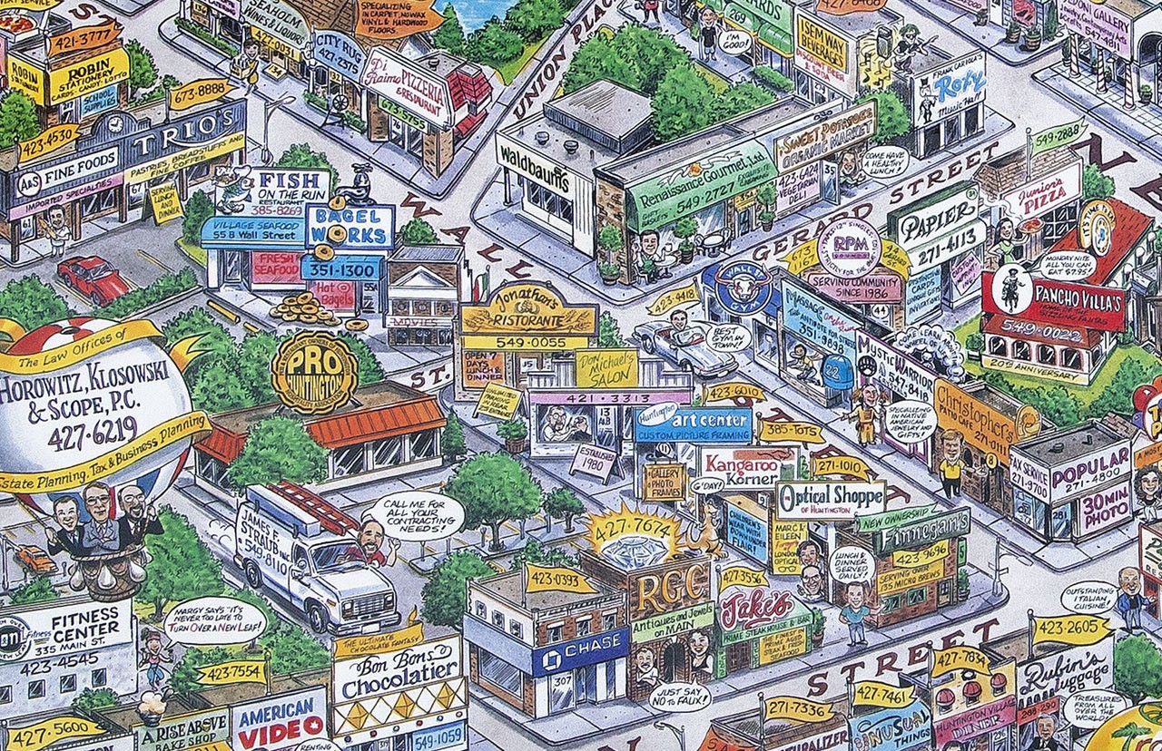 HUNTINGTON LONG ISLAND Illustrated Cartoon Map 1995 – FREE SHIPPING