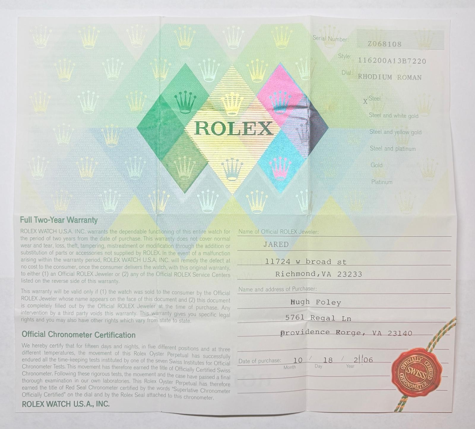 Authentic Rolex 116200 Datejust Warranty Certificate Guarantee 2006 Z Serial