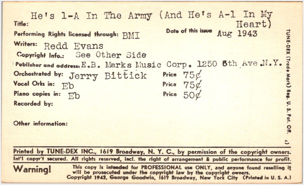 Tune-Dex 1943 WWII Patriotic Lead Sheet – He’s 1-A In The Army & A-1 In My Heart