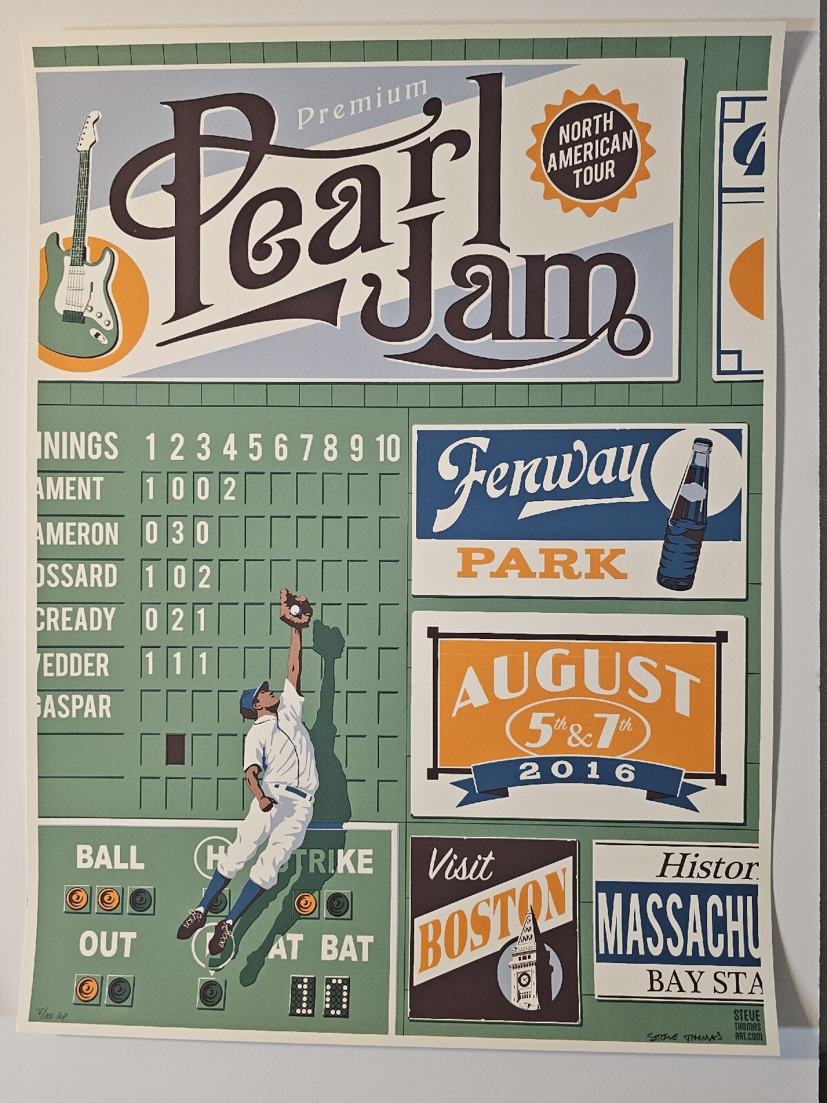 Pearl Jam Boston 2016 Steve Thomas VARIANT Poster Signed Print Fenway The Catch