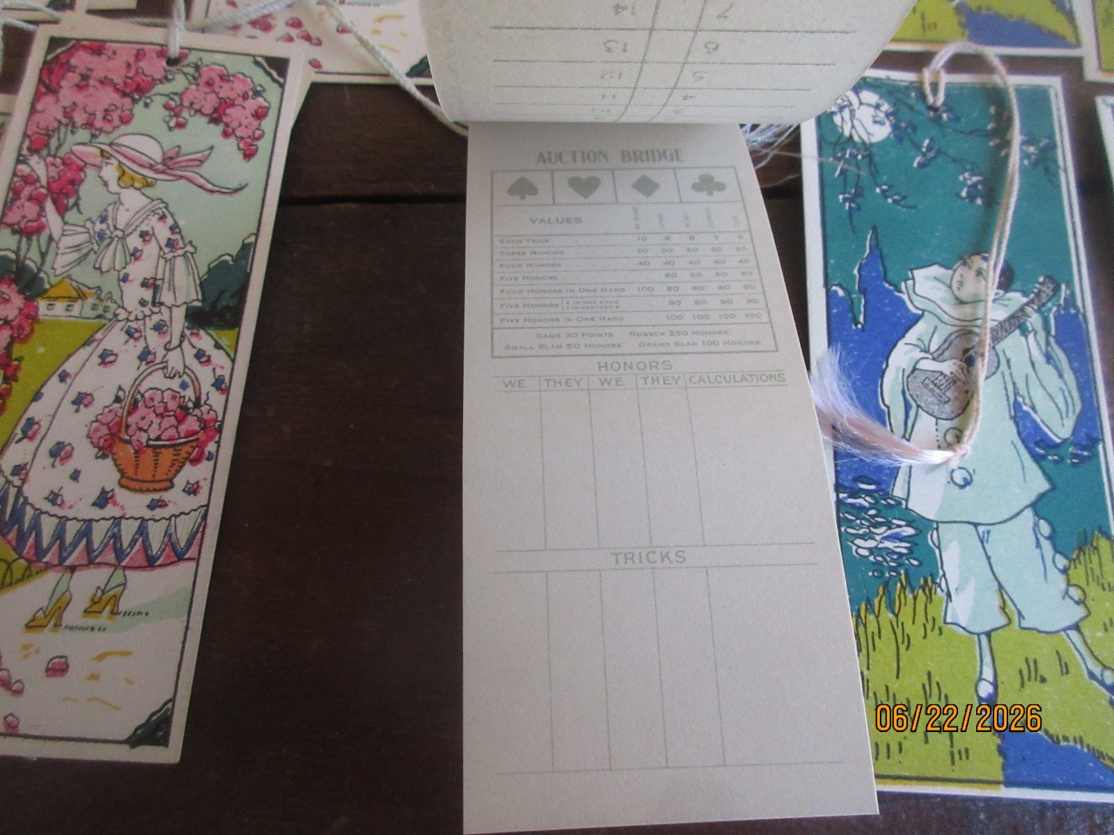 Set of 12 1920 – 1930’s Unused Bridge Tally Cards Pierrot & a Girl with Flowers