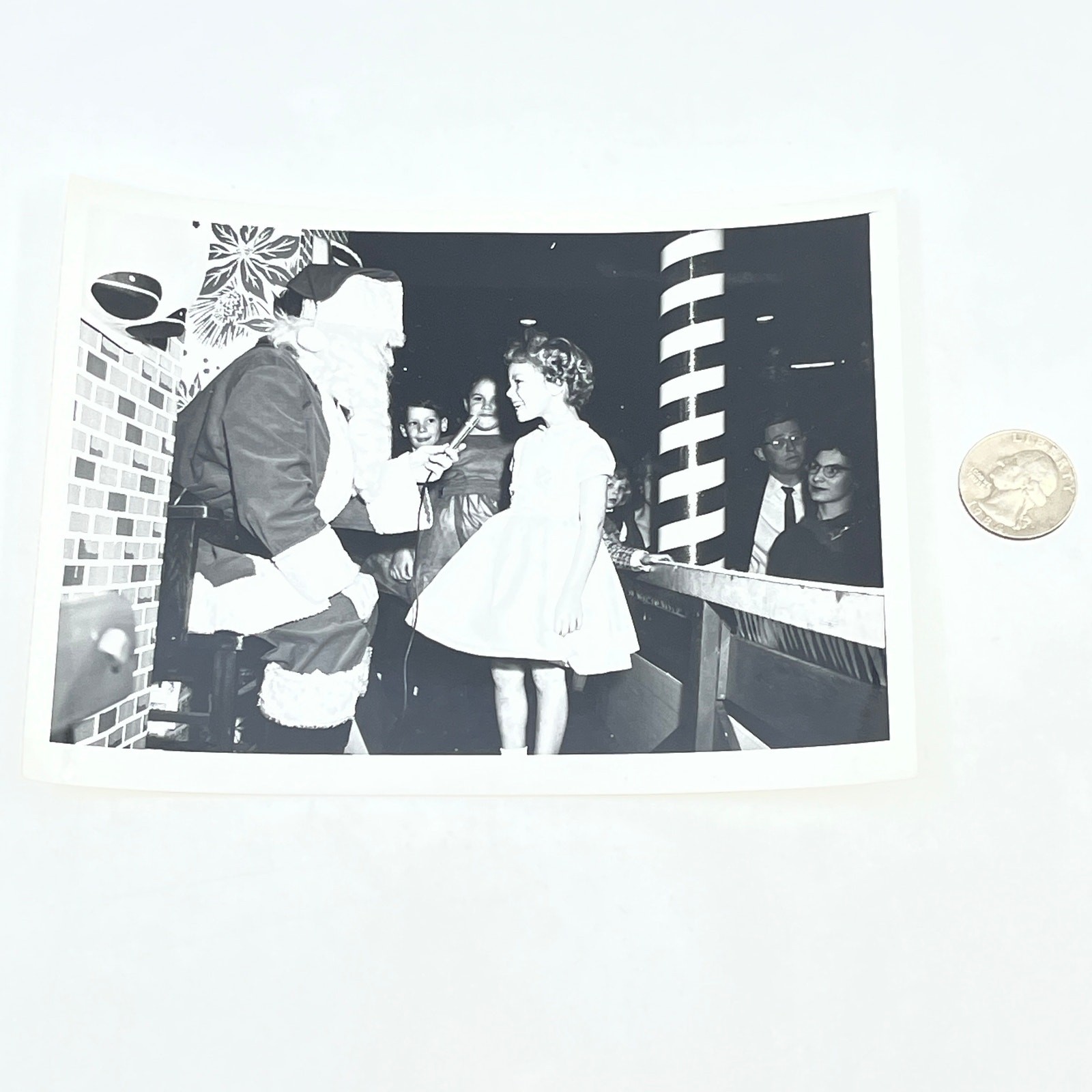 1950s Christmas Party Photograph Young Girl Meets Santa 5×7″ AB7
