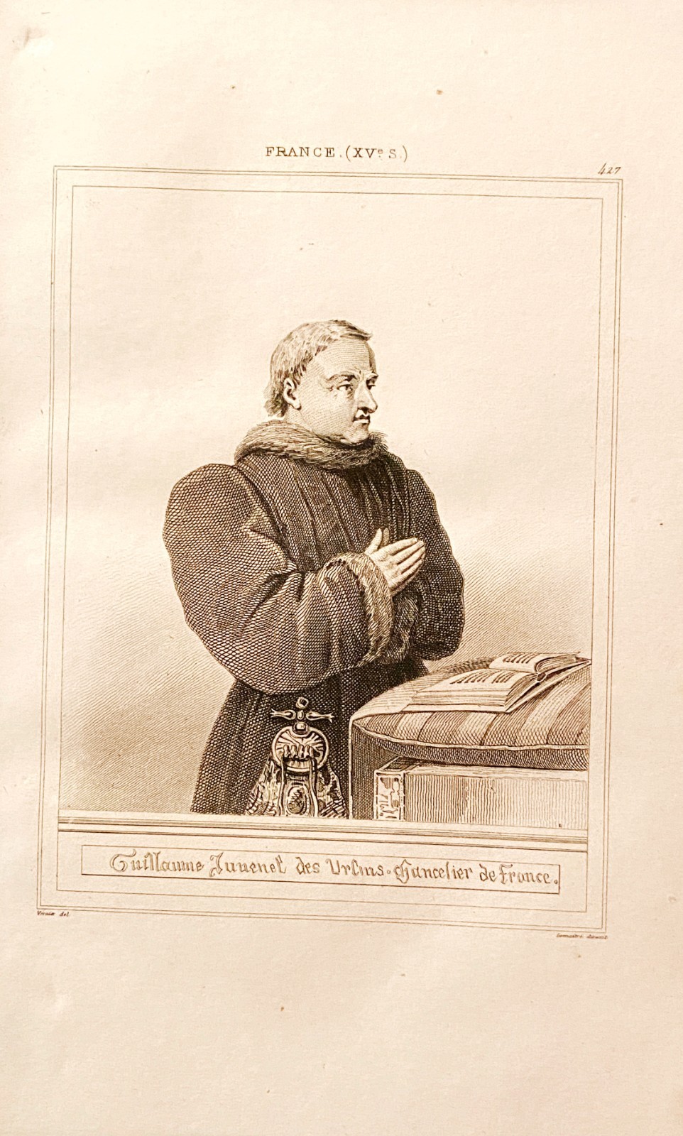 Engraving France XV Éme ” Guillaume Juvenel Of Urcins Chancellor of France “