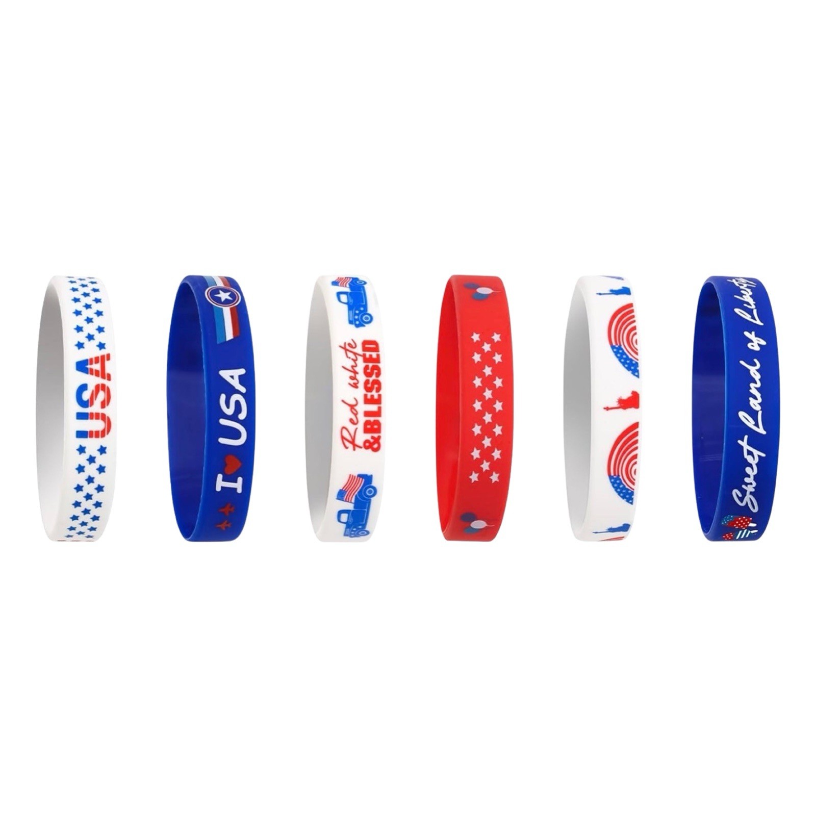 6 Pc Patriotic Silicone Wristband Bracelet Set USA Red White Blue July 4th New