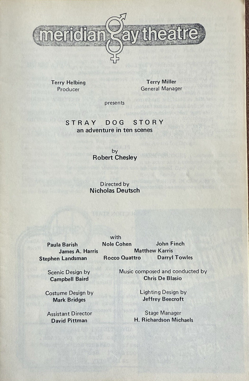 Stray Dog Story – Off Broadway Playbill May 1982 Robert Chesley Shandol Theatre