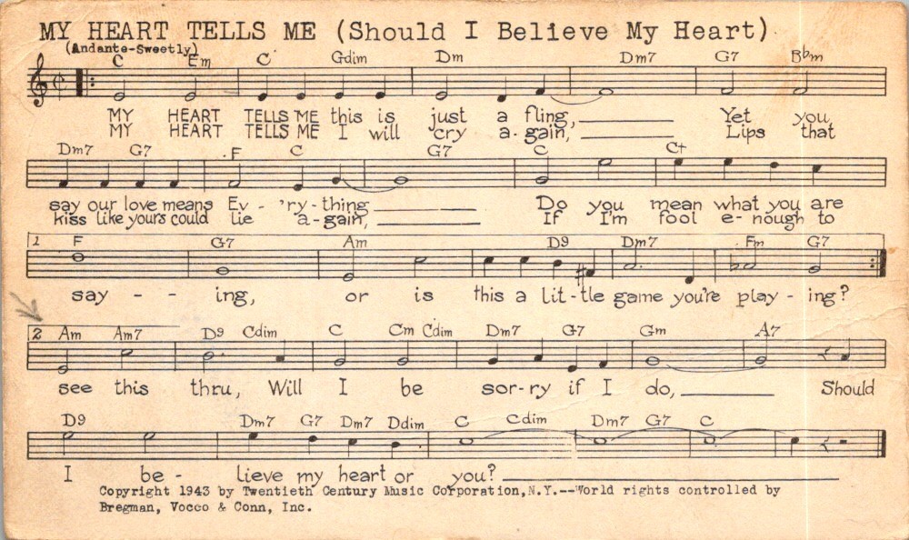 1943 Tune-Dex Card – My Heart Tells Me – Gordon & Warren, Lead Sheet, Pro