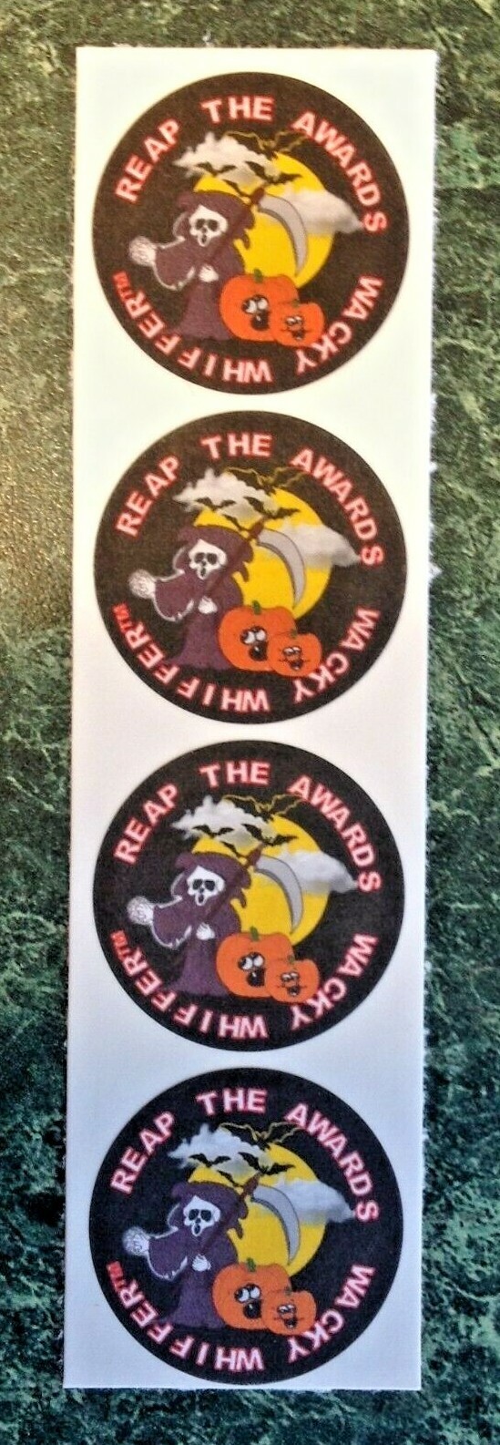4 HALLOWEEN Wacky Whiffers Matte MAX SCENT Scratch & Sniff Stickers, GRIM REAPER