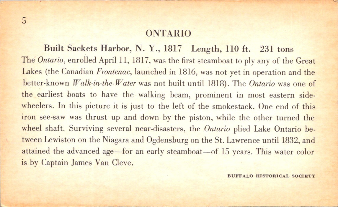 Buffalo Historical Society 1950s Educational Card – Steamboat Ontario Lithograph