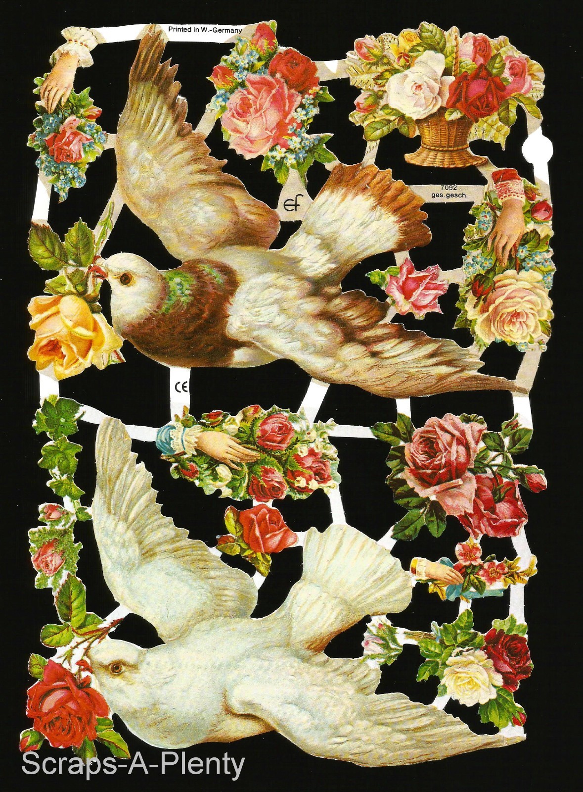 German Embossed Victorian Style Scrap Die Cut – Doves, Roses, Birds EF7092