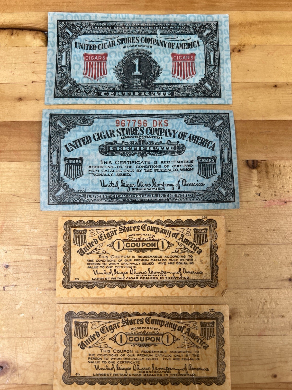 United Cigar Stores Company of America $1 Green & Orange Certificate- Set Of 4