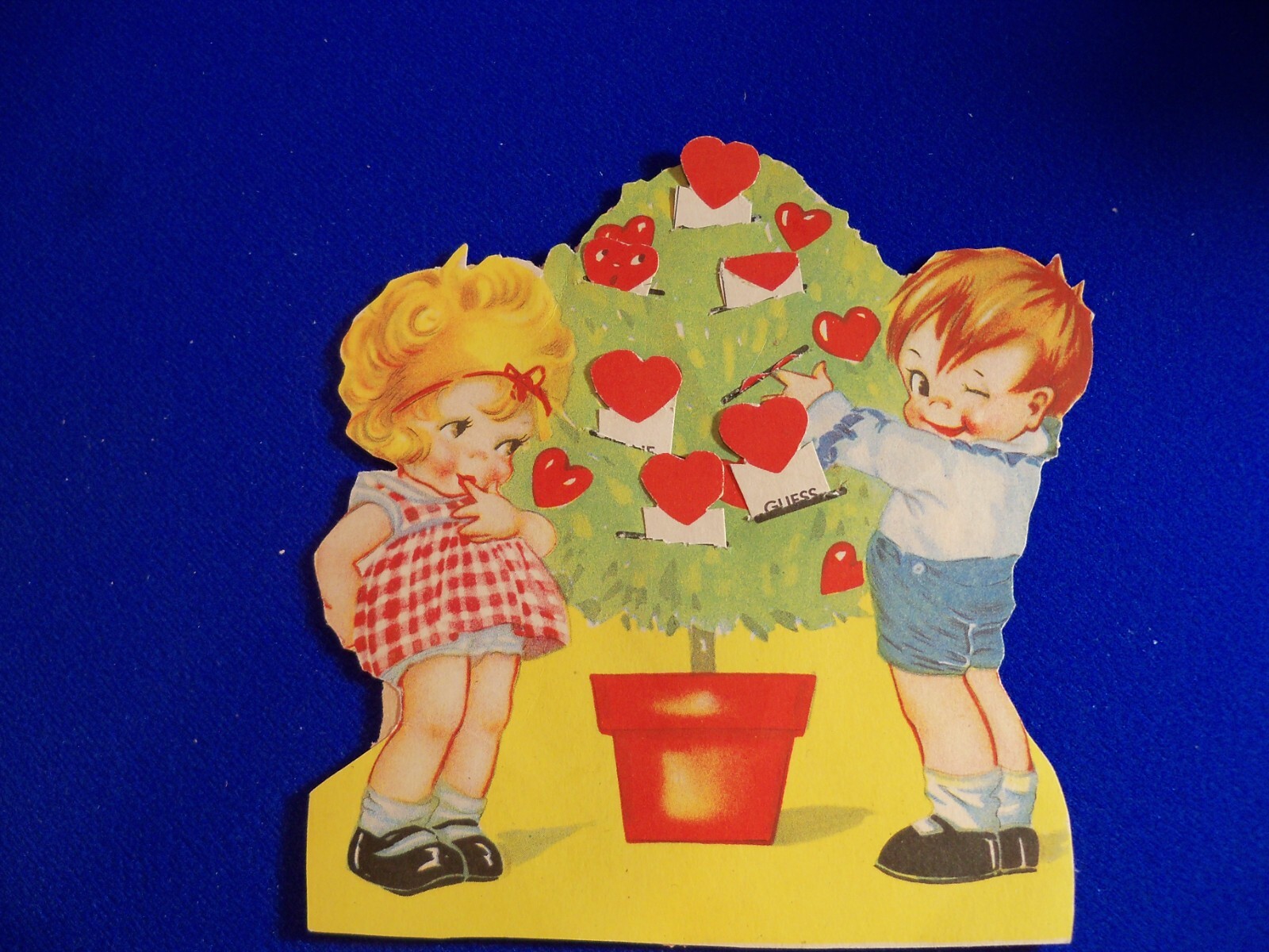 Vtg 1920’s Mechanical Heart TREE Boy Winking Girl Pout Valentine Greeting Card