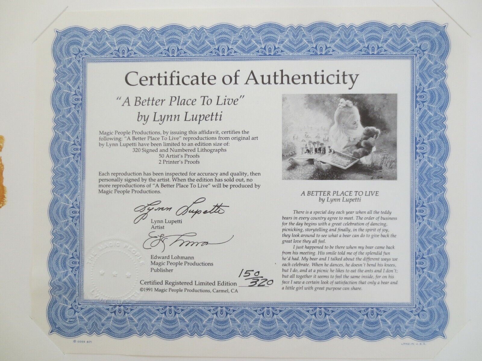 AUTHENTIC “A BETTER PLACE TO LIVE” BY LYNN LUPETTI SIGNED & NUMBERED LITHOGRAPH
