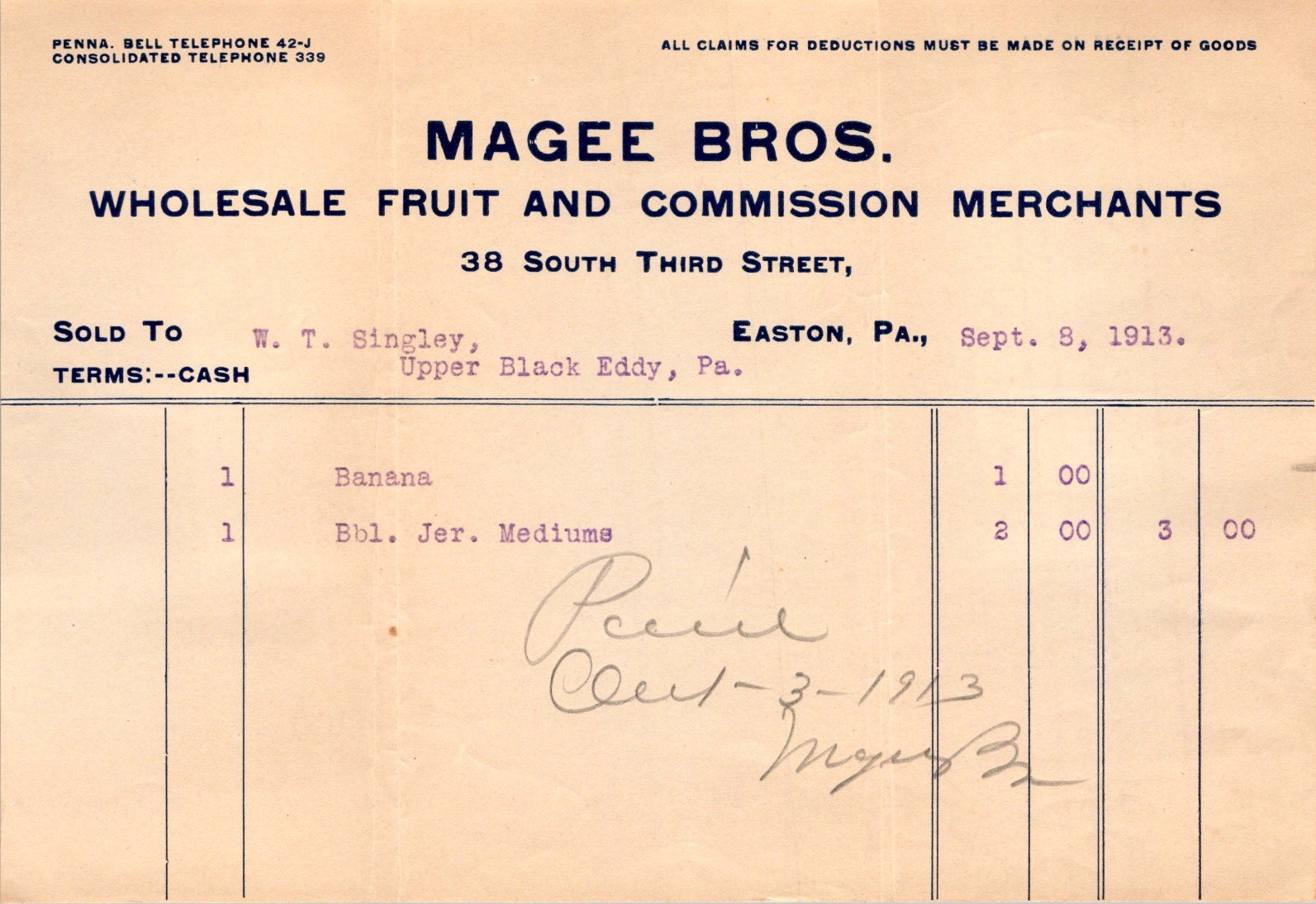 1913 Magee Bros Wholesale Fruit Receipt Easton PA Telephone Trade Ephemera