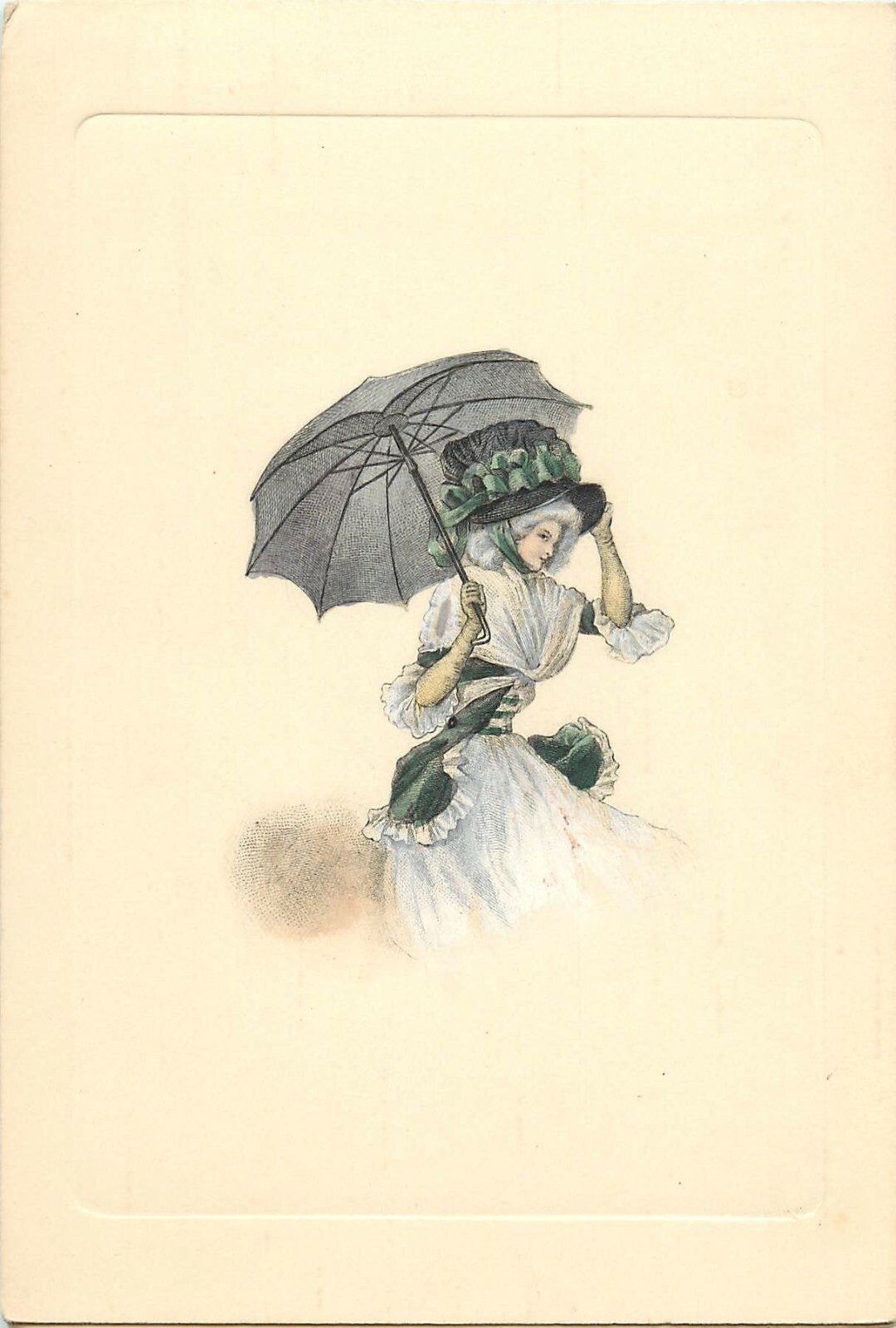 Vintage 19th Century Hand-Colored Fashion Engraving Card Lady in Gray w Umbrella