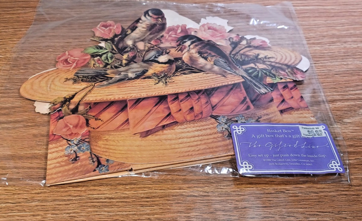 The Gifted Line Basket Box Vintage Birds-In-A-Boater Open Package Unused