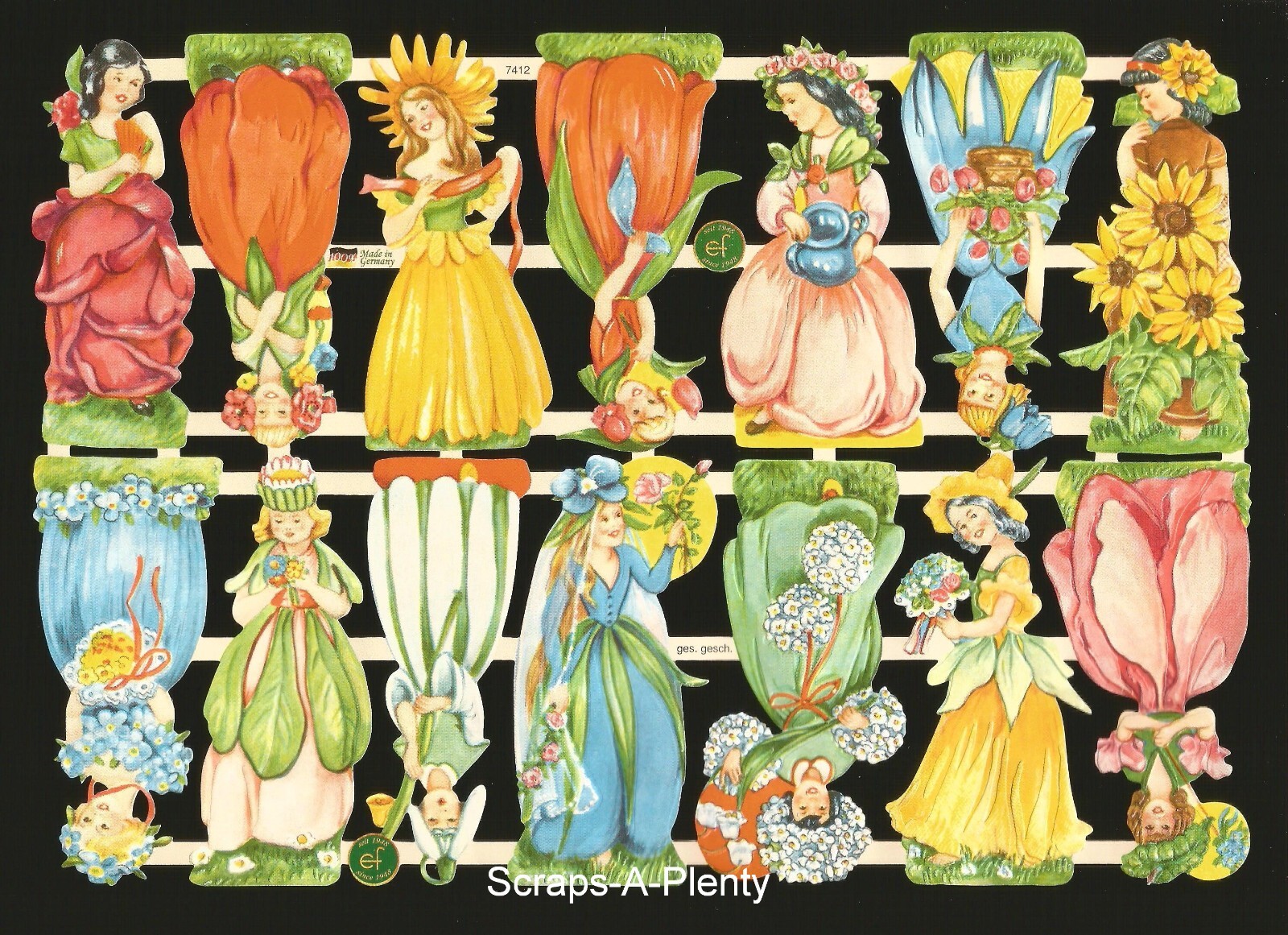 German Embossed Vintage Style Scrap Die Cut – Flower Children EF7412