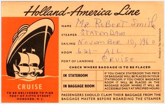 Holland-America Line SS Statendam Baggage Tag 1960 Hoboken NJ Cruise Orange-Red