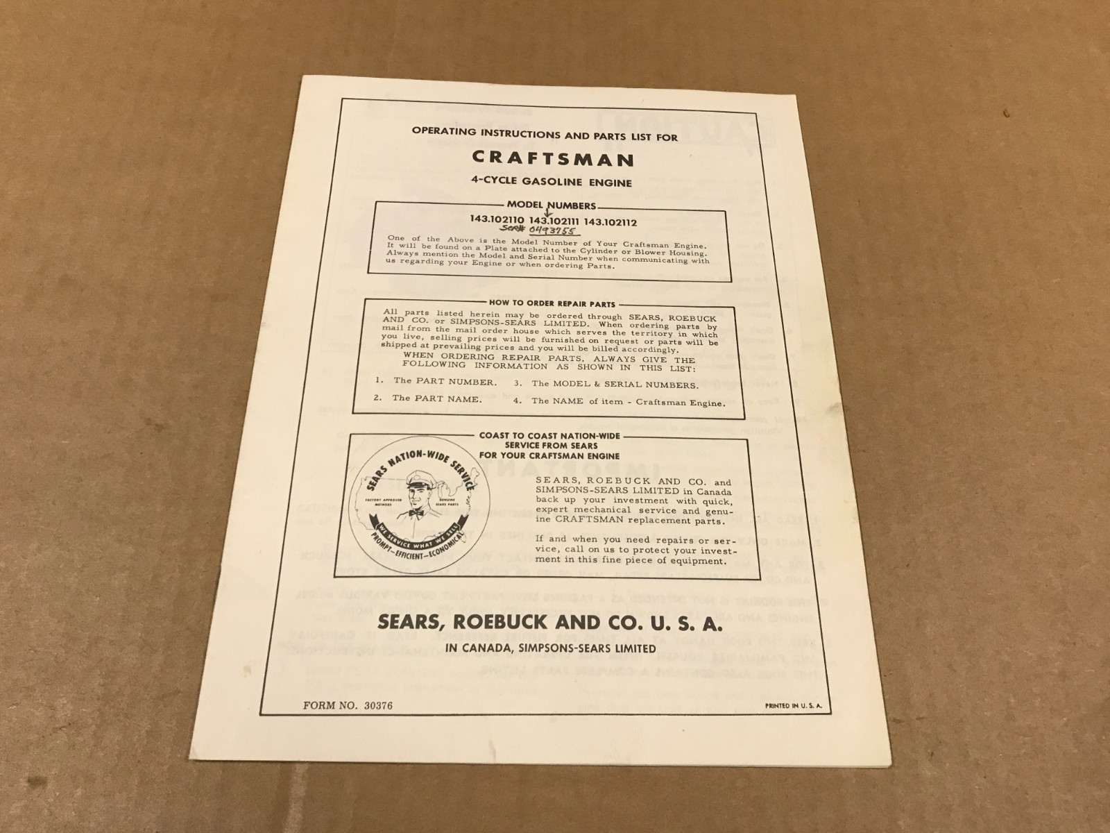 Vintage Craftsman Operating Instructions & Parts List For 4-Cycle Gas Engines