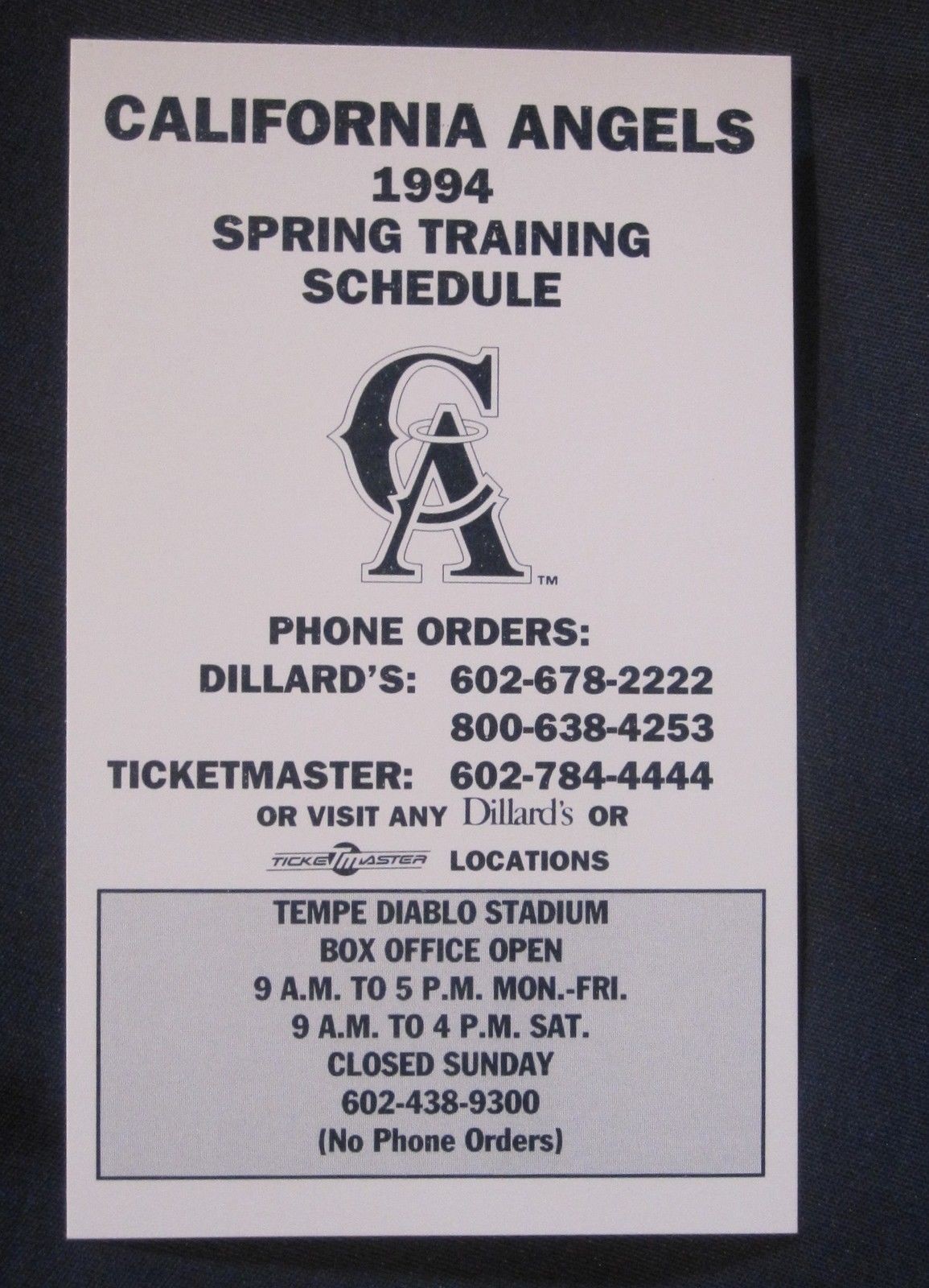 CALIFORNIA ANGELS 1994 SPRING TRAINING POCKET SCHEDULE
