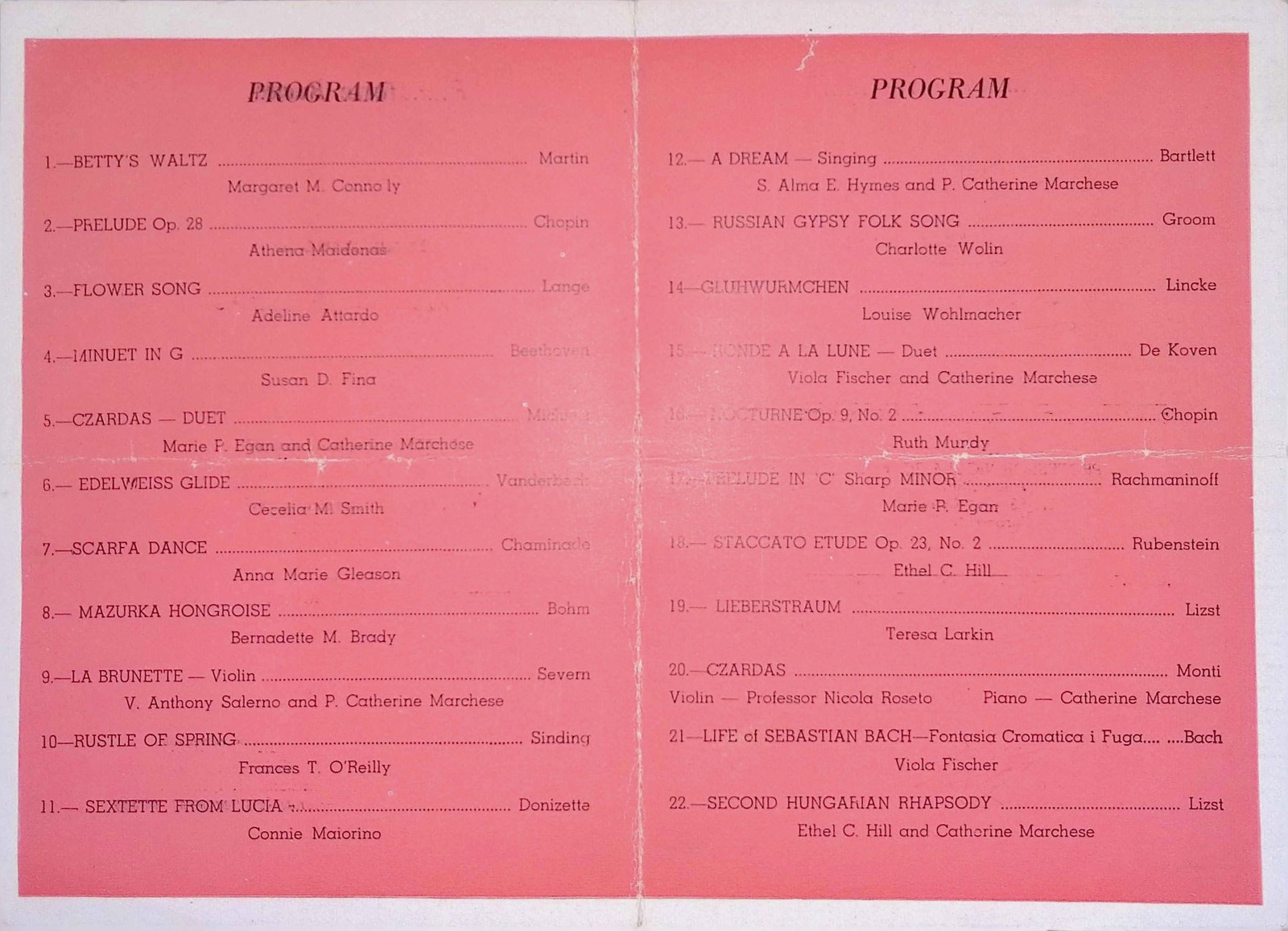 Catherine Marchese Piano Recital Program 1936 Newtown High School Queens NY