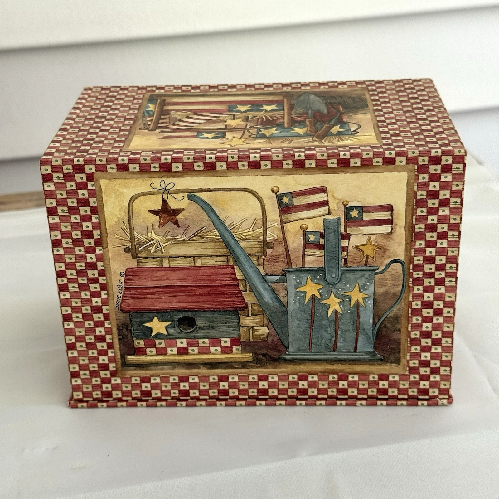 Vtg Diane Knott Art Recipe Box Dividers Patriotic Americana Folk Art Kitchen