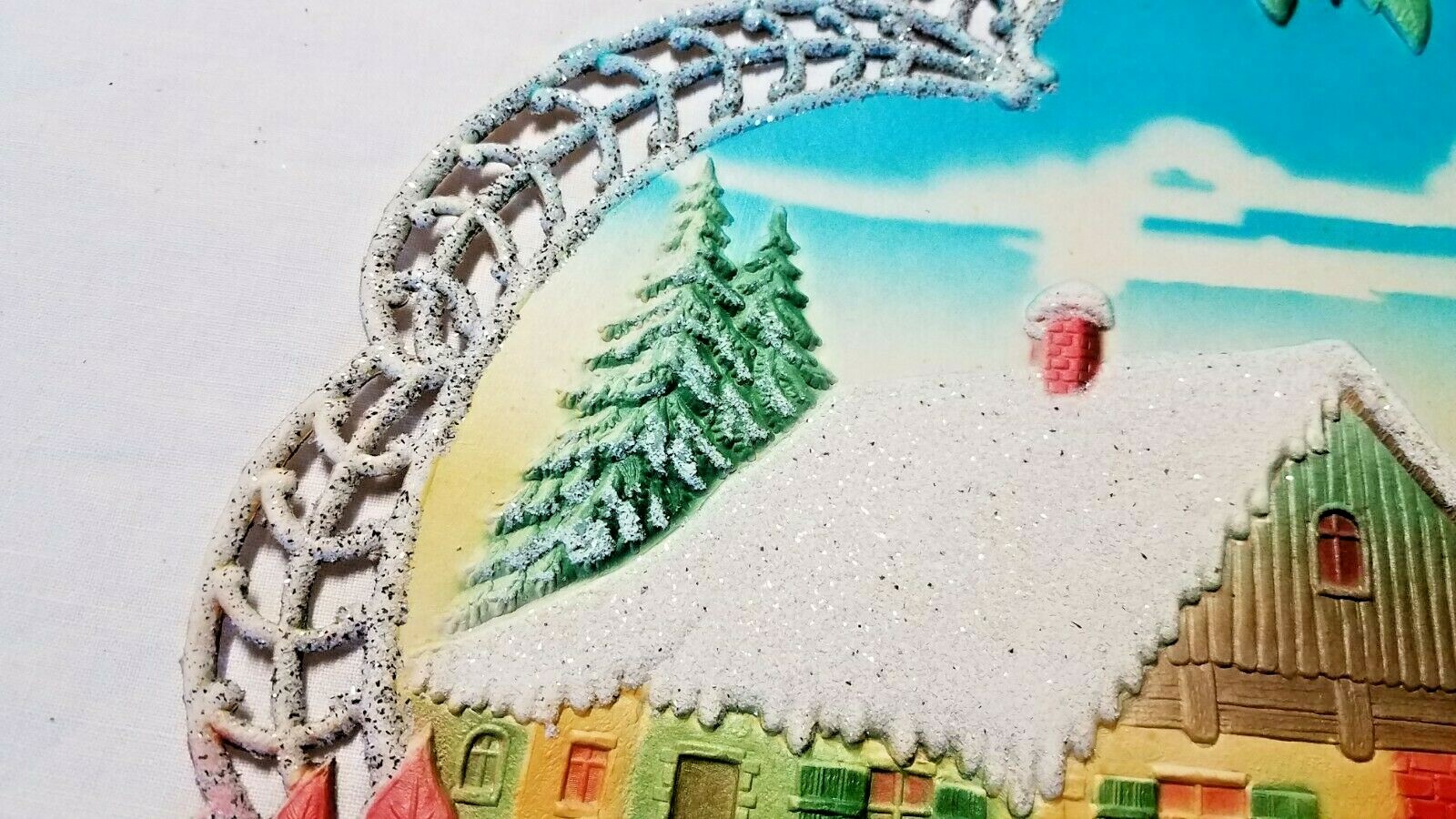 Vintage Embossed German Christmas Farmhouse w/1956 Calendar 15 1/2″ x 21″ DieCut