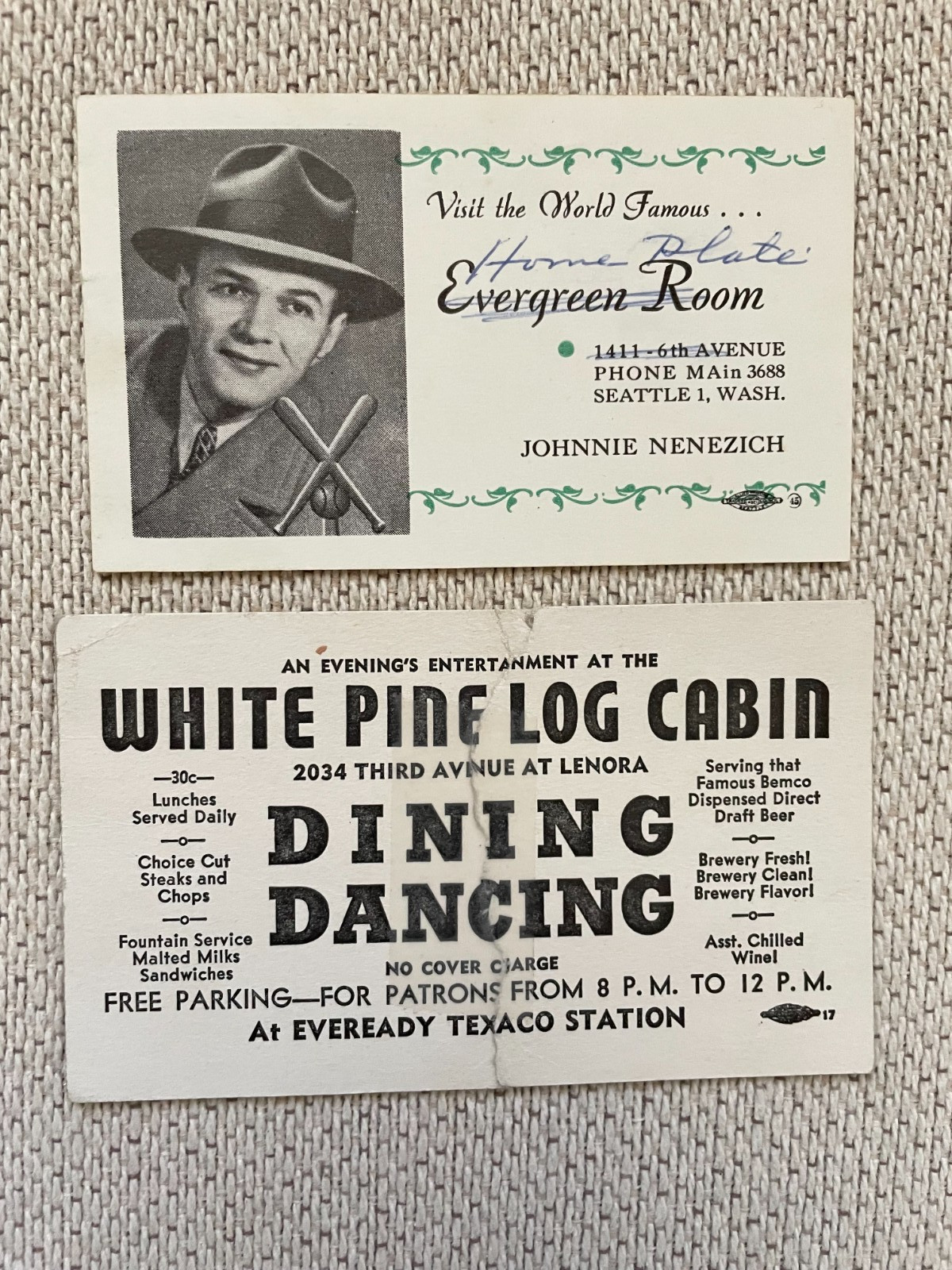Vintage Seattle WA Bar/Restaurant Cards – White Pine Log Cabin Home Plate 1950s