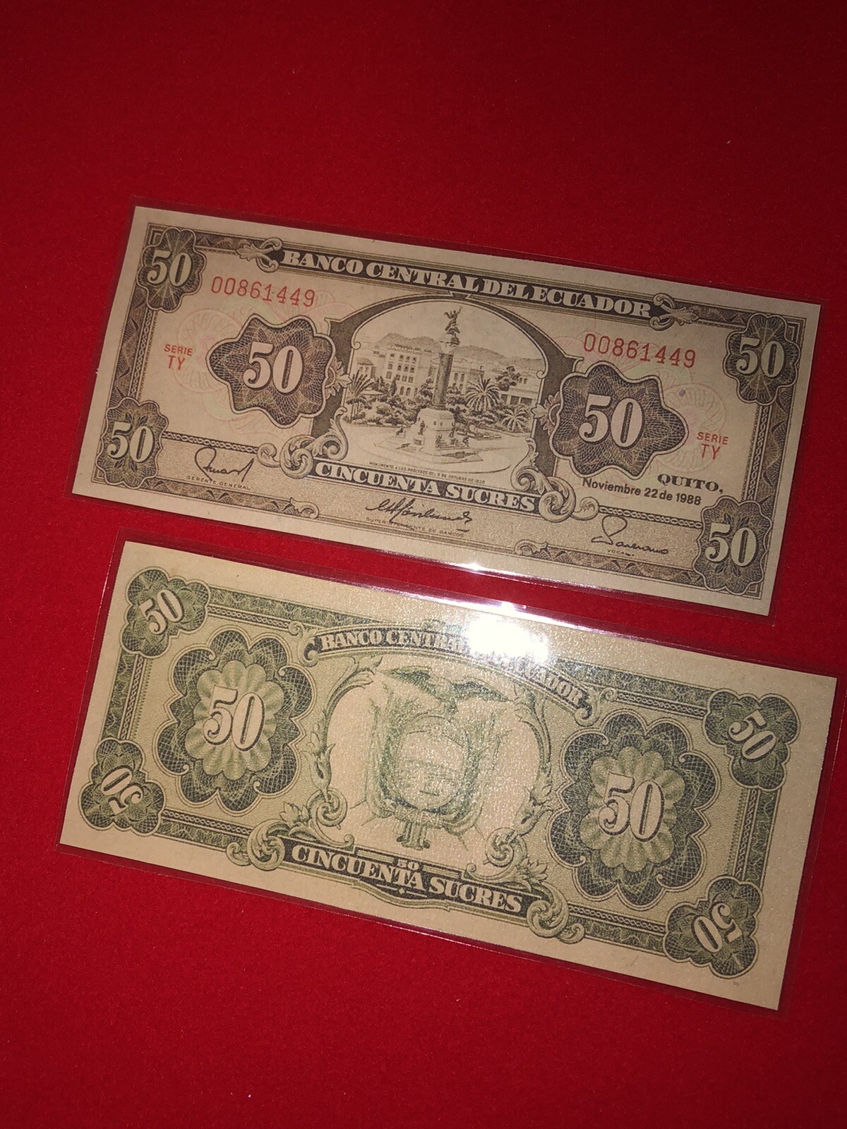 ECUADOR / LAMMINATED HISTORICAL REPLICA SOUVENIR PRINT – 50 ECUADORIAN PESO NOTE