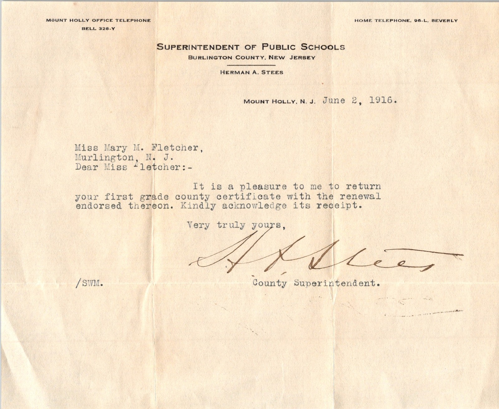 1916 NJ Superintendent Teacher Cert Renewal Letter Herman Stees Typed