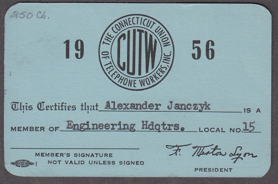 Connecticut Union of Telephone Workers Membership Card / pocket calendar 1956