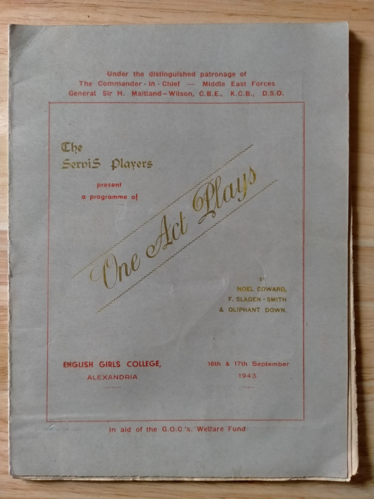 WW2 One Act Plays Concert Programme Egypt 1943 in aid of the GOC’s Welfare Fund