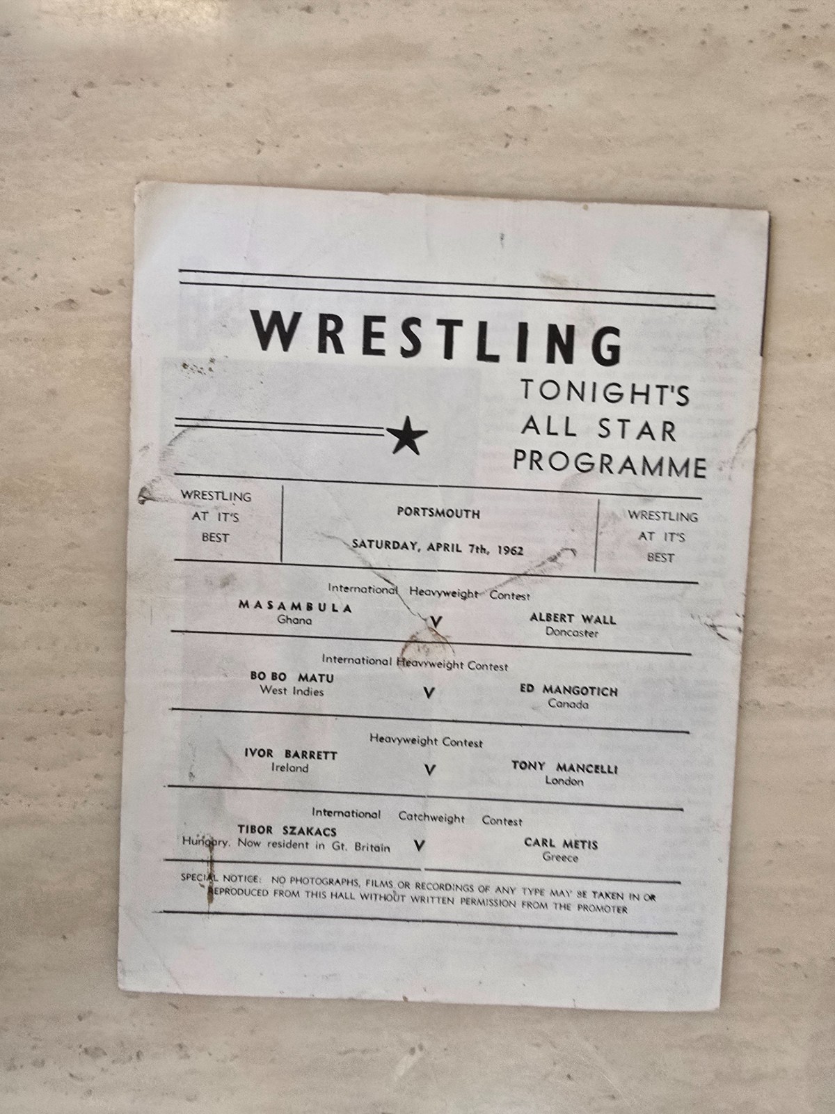 Vintage 1962 British Wrestling Programme Portsmouth Masambula Albert Wall 60s