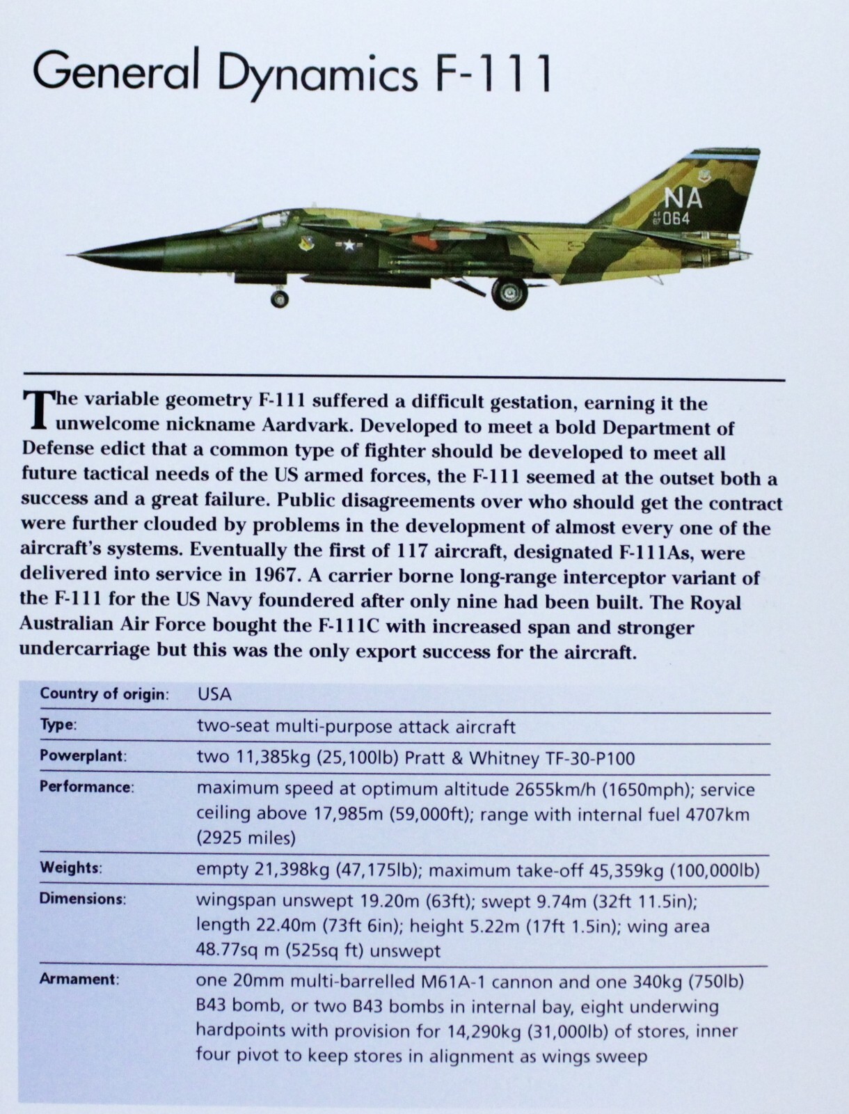 General Dynamics F-111 F 111 Picture Aircraft Out of Print Spec Sheet Decor