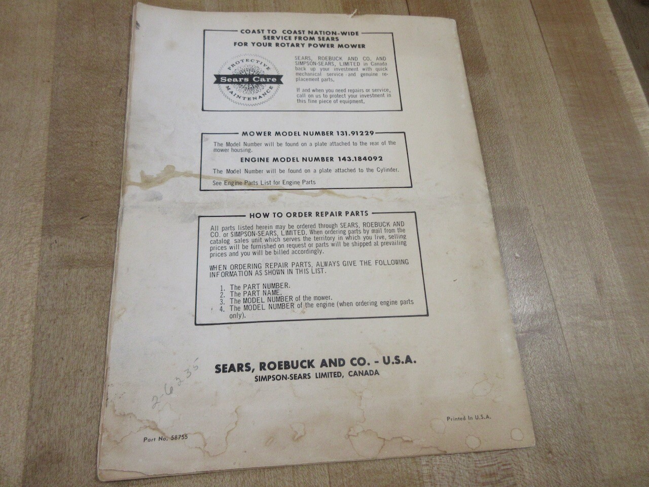 Owners Manual 20″ Craftsman Rotary Lawnmower 131.91229 Sears Roebuck (b)