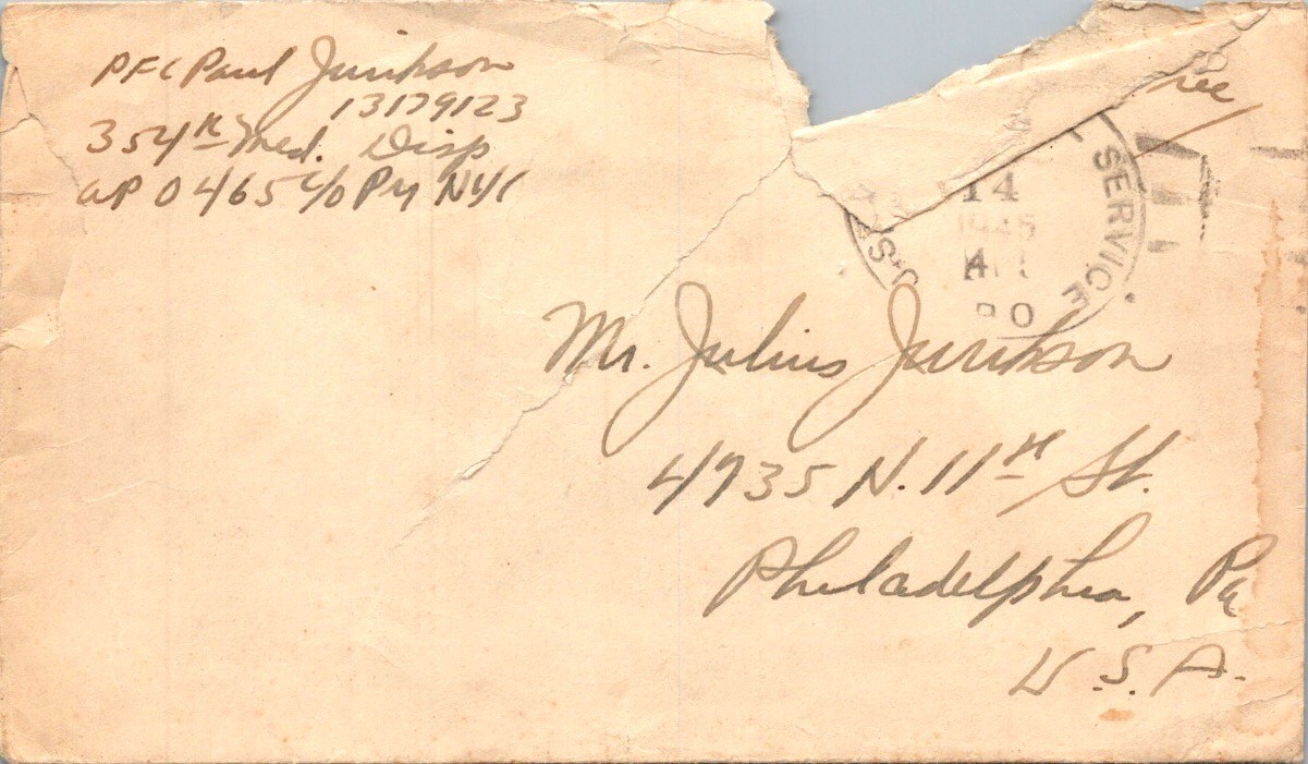 WWII Letter from PFC Paul Jurikson 354th Medical Dispensary Calcutta 1945